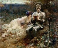 Arthur Hacker (1858-1919) "The Temptation of Sir Percival." From Le Morte Darthur: The knight in the wilderness is tempted from his duty by "a gentlewoman of great beauty" and "the strongest wine that he ever drank."