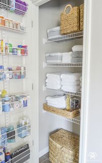 Organized Bathroom Linen Closet Anyone Can Have - Elfa door system with medicine storage solution