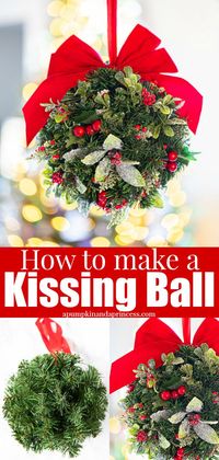 How to make a Christmas kissing ball decorated with evergreen leaves, berries, and a red velvet bow. Deck the halls with this classic Christmas decoration!