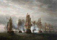 'Pursuit of the French Squadron after the Surrender of La Hoche 84 and Coquille 44, with The Action of the Ethalion and Bellone and the Anson, bearing down upon the Van Ships of the Enemy, (Oct. 12th 1778)' by Nicholas Pocock National Museums Northern Ireland Date painted: 1799