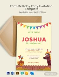 Instantly Download Farm Birthday Party Invitation Template, Sample & Example in Adobe Photoshop (PSD), Adobe Illustrator (AI) Format. Available in 4x6, 5x7 Inches + Bleed. Quickly Customize. Easily Editable & Printable.