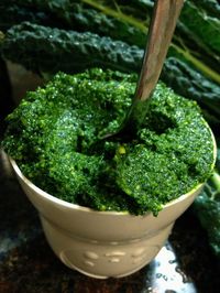 Kale pesto..., 2 cups packed kale leaves (remove tough stems) blanch for 1-2 min. 1/2 cup of nuts, 3 cloves of garlic 1/4 parmasen cheese 3 Tbsp olive oil, good pinch of sea salt and fresh cracked pepper. Combine everything in a food processor, pulse a few times, scrape down sides, process until it’s pesto (refer to photo).