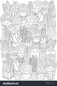 Hand drawn set of succulents, cactuses and pots. Doodles elements. Black and white. Coloring book page for adult A4 size. Succulent, doodles, vector, art design elements. Linear botanical vector.