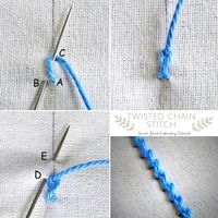 Step-by-step tutorial of the Twisted Chain Stitch. Use for prominent outlines, borders, and fillings in hand embroidery patterns. An easy stitch for beginners. Learn hand embroidery the easy way! Click for more information on this stitch.