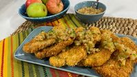 Crispy pork cutlets with pear apple chutney