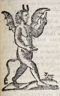 Grabado xil. de figurillas: demonio con alas