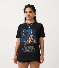 Blusa Alongada em Meia Malha com Manga Curta e Estampa Star Wars Preto