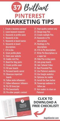 Download this free checklist with 37 pinterest marketing tips for your business. If you want to learn how to tackle marketing on Pinterest you have to read this post! Its the perfect place to learn Pinterest marketing for your blog or online business. # - Affiliate Marketing ideas #AffiliateMarketing