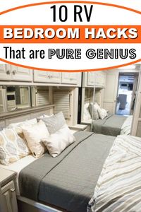 10 Genius RV bedroom Organization Ideas to help you turn your bedroom from a cluttered mess into a cozy oasis! RV bedrooms are not known for having a lot of RV storage space. We have come up with awesome space saving ideas so your RV bedroom remains organized with these clever RV hacks! Check out these RV bedroom ideas for full time RV living! These can work with a 5th wheel, travel trailer or motorhome. #RVbedroom #RVorganizationideas