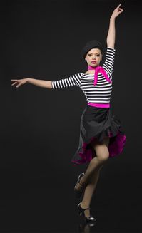 Leotard: Black and white striped spandex ; Skirt: Black spandex and flo-cerise spandex ; Belt: (Separate) Flo-cerise spandex ; Scarf Included ; Hat Not Available ; #dancecostumes #dance #dancecompetition #artstonethecompetitor #musicaldance #musical #theaterdance #theater