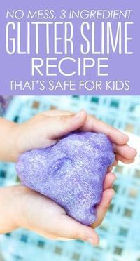 3 ingredient glitter slime recipe | mess-free slime recipe for kids | borax-free slime recipe | safe slime recipe. NOTE: Contact Solution MUST contain Boric Acid and Sodium Borate!! Mix Glitter Glue and Baking Soda until smooth. When it's too stiff to stir, add Contact Solution until pliable and no longer sticky, and knead with hands.