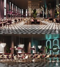 Atlantis is a cafe-restaurant project in England. Ocean blue, pearl and luxurious purple colors dominate this design, which takes its concept from its name. | Atlantis, İngiltere'de bir kafe-restoran projesidir. Konseptini isminden alan bu tasarımda okyanus mavisi, inci ve lüks mor renkler hakim. #cafedecoration #cafedesign #restaurantdesign #restorantasarımı #cafetasarımı #cafedekorasyonu #içmimari #artstylemimarlık #walldesign #duvartasarımı #luxurydesign #floortiles #lighting #green