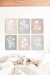 Pink gray watercolor flowers set of 6. Perfect for you gallery wall. All files are with high resolution. Print at home. Available to print immediately.
