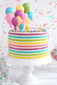 Looking for the perfect party cake?! Buttercream stripes are trendy right now, and they add a bit of fun to any cake design. Pair them with candy balloons for the ultimate birthday cake! | From SugarHero.com #birthdaycake #sugarhero #wiltoncakes #candymelts #buttercreamcake