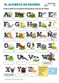 This worksheet in Spanish will help you practice the vocabulary for animals and the alphabet in Spanish. Write the name of the animal in the boxes below each letter and drawing. Some of them already have a name, as a way to give you an example. #LearnSpanish #SpanishWorksheets