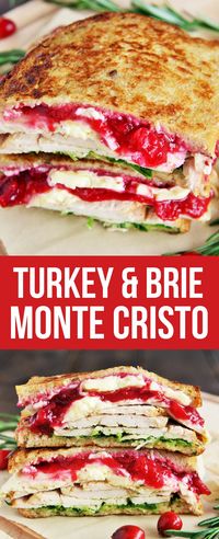 This Turkey and Brie Monte Cristo Sandwich is made with flavorful turkey breast, brie, cranberry sauce, and arugula - use up all those Thanksgiving leftovers or enjoy this all year round!