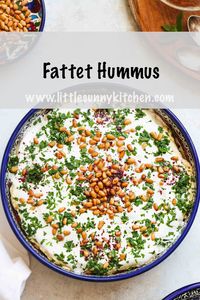 Fattet Hummus is hearty Middle Eastern dish that's usually served as a breakfast or brunch meal. Toasted pita chips, hummus, and garlicky hummus are layered in a deep dish and finished off with a sprinkle of toasted pinenuts and fresh parsley. #fattethummus #middleeastern #arabicfood #ramadanrecipe #arabicmezze