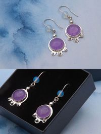 Made by fairies Purple jade and moonstone drop earrings.