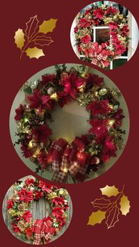 A beautifully festive farmhouse Christmas wreath in gold and burgundy. Ornaments are all shatterproof. Base is made from ruffled burlap. 16-loop bow is handmade.