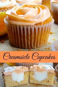 Creamsicle cupcakes are a delicious filled cupcake with creamy orange buttercream. Lovely orange creamsicle flavors! #cupcakes #cupcakesrecipe #filledcupcakes #partyfood #dessertrecipes