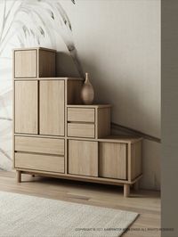 The Tansu K Cabinets are strongly inspired by the Japanese traditional storage chest, Kaidan Tansu. The stair-shaped design is comprised of cleverly concealed cabinets and drawers to maximise storage space. Ideally placed under or near your staircase, though it will also stand nicely anywhere in your house.