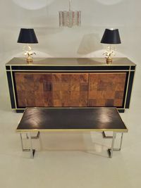 French Pierre Cardin style vintage double sided sideboard c.1970. Smoked mirrored top with walnut doors on a laquered frame.