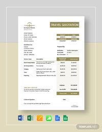 Professionally Designed/ Written Free Free Travel Quotation Template Template - Easily Download, Edit & Print in Google Docs (doc), Google Sheets (xls), MS Excel (xls), MS Word (doc), Numbers (numbers), Pages (pages)