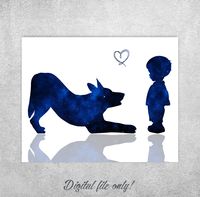 Galaxy home wall art, Dog lovers gifts, Toddler boy with a dog, German shepherd, Dog print, Dog stretching, Nursery decor, Instant download