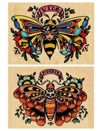 Old school tattoos | Old School Tattoo VIDA Bee Lady and MUERTE Skull Moth - 5 x 7 Prints ...