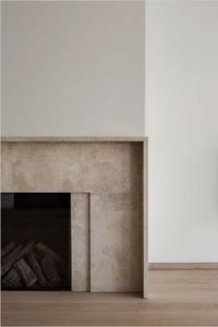 Beige Tan Marble Travertine Fireplace with drywall surround. Simple modern design with one minimal inlay. #fireplace #modern #interiordesign