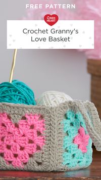 Free Granny's Love Crochet Basket pattern using Red Heart Super Saver yarn. Carry notions, knick-knacks, and more in this sweet little crochet basket. This pattern uses simple granny square motifs to form a cube, complete with a heart on the front and back. Measuring 5" x 5" x 5", it's perfect for adding a pop of color to home décor, or giving to kids! #Yarnspirations #FreeCrochetPattern #CrochetBasket #RedHeartYarn #RedHeartSuperSaver