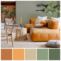 Contrasting secondary colours of orange and green create a welcoming interior design that is enriched with texture and timber. Colour palette illustration by Zena O’Connor, PhD.