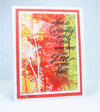See the Beauty by k dunbrook - at Splitcoaststampers - 9/4/18. (Pin#1: Background Inking: Credit Card Inking. Pin+: Embossing (dry); Silhouettes/ White; Sentiment Focus).