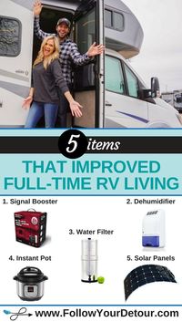Full-time RV living isn't always easy and after one year on the road, we've added several items that have helped improve #RV life for us. Here are our top 5 products we recommend for living and working in an RV, road trips, and camping. They'll help you save money, care for your RV, stay connected, and keep a healthy lifestyle. This site also has other great tips, hacks, and destination inspiration for RVing! Check it out! #RVliving #RVlive #RVing #vanlife #musthave #camping #roadtrips