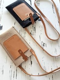 iPhone shoulder strap pouch- hands free phone bag- cell phone crossbody bag in a deluxe 100 % wool felt and vegetable tanned leather.Featuring an extra card pocket to hold your credit card or Metro card with easy access to take out. Keep your Phone safe with style and fun in this all natural