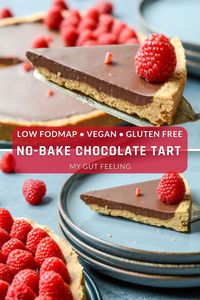 Low FODMAP no-bake chocolate tart, also vegan and gluten-free. Oats crust filled with chocolate ganache. Easy, healthy, ready in 15 minutes!