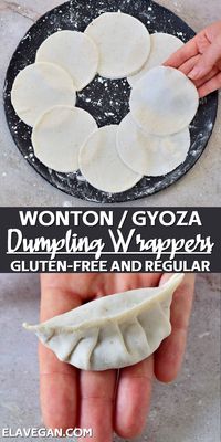 How to make dumpling wrappers at home (regular or gluten-free) using under 5 ingredients and a simple process. This dumpling dough is perfect for using to make potstickers, dumplings, gyoza, wontons, and several non-dumpling-related uses! #dumplingwrapper #glutenfreedumplings #asianwrappers #wontonwrappers #wontons #gyoza #potstickers | elavegan.com