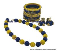 Yaalz Silk Thread Combo Sets Yaalz Silk Thread Simple Neckset With Simple Bangle Set & Jhumka Earrings With Kundan Work In Mustard Yellow & Navy Blue Colors | Yaalz