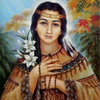 @BarefootRara photo de profil Twitter,Juillet 2020, Lili des Mohawks, sainte chrétienne, Kateri Tekakwitha.