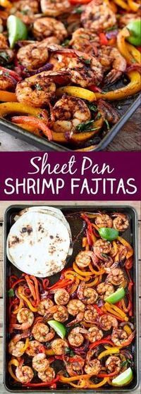 One Sheet Pan Shrimp Fajitas. An easy way to make shrimp fajitas and very little clean up! Use whole wheat or corn tortillas to keep this healthy sheet pan recipe clean eating friendly! Pin now to make this next time you want healthy seafood.