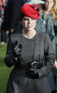 Britain's Princess Eugenie opted for black court shoes, a grey marl coat, black leather gl...