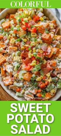 Roasted sweet potato salad is the perfect potluck dish. Tender sweet potatoes, loads of crisp veggies and smoky bacon all tossed in an easy homemade potato salad dressing. #spendwithpennies #sidedish #sweetpotatoes #potatosalad #sweetpotatosalad #potluckrecipe #saladrecipe #makeahead