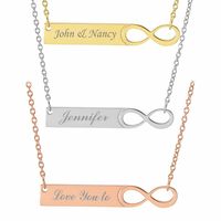 This infinity name bar necklace features a delicately carved out infinity symbol extending from the name bar to come up with a charming pendant. The infinity bar pendant hangs from a Rolo chain that can be adjusted to suit your size. This dainty necklace comes in rose gold, silver and gold and can be custom-engraved with your text of choice.