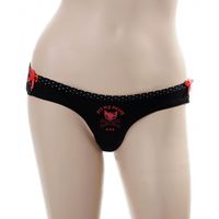 Slip noir et petits pois blancs avec logo 'Pet my Pussy'. Fine bande de petits pois blancs, avec petits noeuds rouges sur les hanches. 95% Coton, 5% Lycra