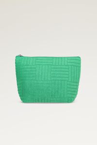 The Lola Terry Cosmetic Bag features a super soft terry material, a colorful geometric pattern throughout, a medium-sized pouch, and a zipper to close! Medium-sized Cosmetic Bag Green, Black, Pink, Orange, and Blue Zipper to close