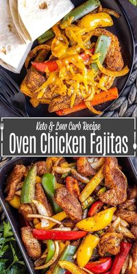 Oven chicken fajitas are a super simple, low carb, keto friendly dinner your family will love! This recipe from Home. Made. Interest. requires very little prep and cooks up in less than an hour for an easy meal any day. These chicken fajitas just take a few minutes to throw together and then they bake in the oven until dinner is serve. For a complete keto meal, you can serve it with low carb tortillas or cauliflower rice.