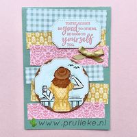 Dit is de inspiratiekaart voor week 49. Hier krijg je meteen een sneak peek van een nieuwe stempelset die straks in januari uitkomt. Hij heet In The Moment. Om eens een andere techniet te laten zien, heb ik deze keer de afbeelding ge-paper-piece-t. Je stempelt op verschillende papieren, knipt het uit en plakt het op. #prulleke #prullekekleurencombinatie #inthemomentstampset #paperpiecing #Stampinupdeminstratrice