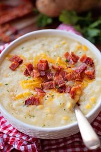 Potato Corn & Bacon Chowder - used 4 potatoes, white onion, 3 leeks (bottoms only), half milk and half 1/2 & 1/2, no parsley, but added green onion to bacon and cheese toppings. Super tasty!