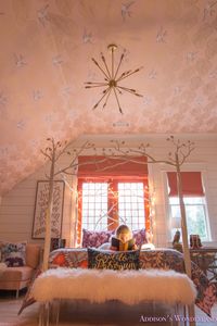 Inside My Daughter's Beautiful Harry Potter Themed Bedroom... daydream-blush-wallpaper-whitewashed-hardwoods-shaw-muirs-park-bridal-veil-wallpapered-ceiling-sputnik-chandelier-fur-bench-white-canopy-bed-orange-pink-rug-anthropologie-quilt-craftsman-door-shiplap-alabaster-sherwin-williams-roman-shades #bedroom #bedroom #rug