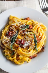 Butternut Squash Carbonara with Fried Sage and Caramelized Onions.